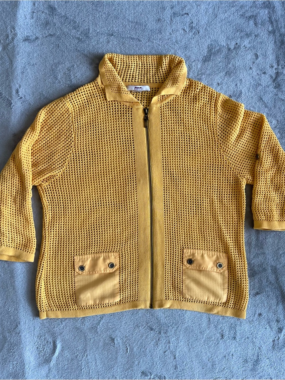 Alia Petite Yellow Open Knit Zip Cardigan Women’s PM Short Sleeve Sweater